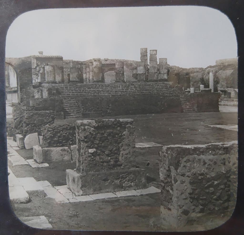 VII.8.1 Pompeii. c.1900. C. and G. Lantern slide published by A. Laverne.
Looking north from west side of Forum towards Temple of Jupiter.