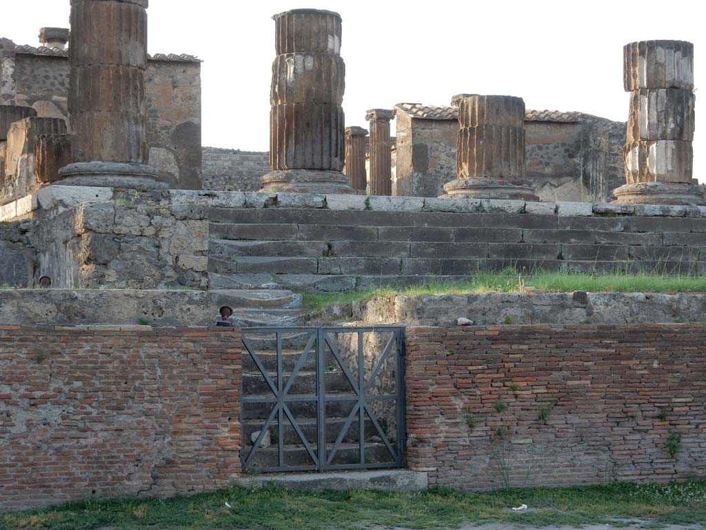 VII.8.1 Pompeii. Temple of Jupiter. June 2019. Looking north to steps on west side, leading up the podium.
Photo courtesy of Buzz Ferebee.