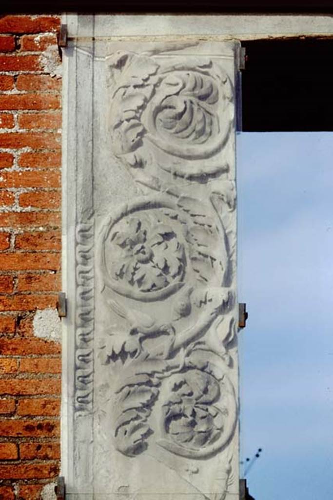 VII.9.1 Pompeii. 1991. Decoration from top of north side of entrance doorway.
These 1991 photos then descending down the north side, across the top and down the south side.
Source: The Wilhelmina and Stanley A. Jashemski archive in the University of Maryland Library, Special Collections (See collection page) and made available under the Creative Commons Attribution-Non Commercial License v.4. See Licence and use details. J91f0016