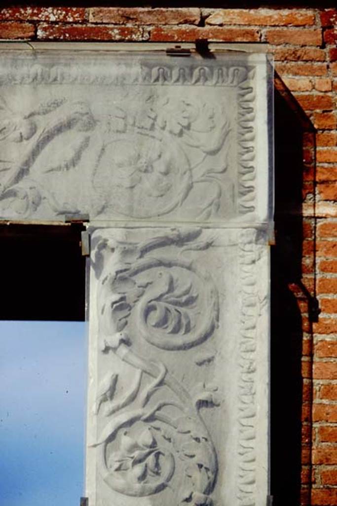 VII.9.1 Pompeii. 1991. Entrance decoration, top of south side of doorway, and then descending to the base.
Source: The Wilhelmina and Stanley A. Jashemski archive in the University of Maryland Library, Special Collections (See collection page) and made available under the Creative Commons Attribution-Non Commercial License v.4. See Licence and use details. J91f0012