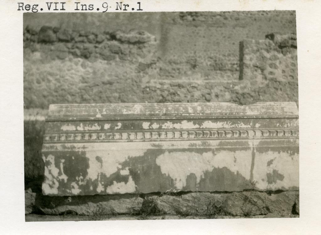 VII.9.1 Pompeii. Pre-1937-39. Architectural marble on ground.
Photo courtesy of American Academy in Rome, Photographic Archive. Warsher collection no. 157.