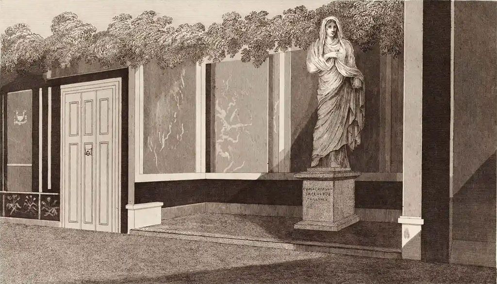 VII.9.1 Pompeii. c.1820. Drawing by Gell of the Broad Niche 13 and statue of Eumachia.
Gell wrote –
“In the centre of this innermost Crypt, which is there fifteen feet eight inches wide, exactly behind the semi-circular tribunal and close to the staircase before mentioned as ascending from the Via dei Mercanti, is a recess painted in green and red panels, in the centre of which is the statue of Eumachia, the public priestess, and the foundress of the Chalcidicum, the Crypt, and the Portico, not ungracefully executed in white marble.
She is represented about five feet four inches in height, and stands on a pedestal about three feet from the pavement, on which is inscribed –
EUMACHIAE L F
SACERD PUBL
FULLONES.
Plate IX (above) gives a representation of the recess and statue as they were first discovered in the year 1820. The figure has been carefully preserved by a modern roof, and still remains in a case on the spot. The door which is seen painted on the wall in this plate seems to have been intended to correspond with the door of the staircase opening to the Via dei Mercanti. It is worthy of remark because no real doors remain. It is six feet wide, and ten and a half high, and is separated into three folds, with eight lines of division painted between each. A ring in the centre served to close it.
See Gell, W, 1832. Pompeiana: Vol 1. London: Jennings and Chaplin, (p.20-22, and Plate IX)