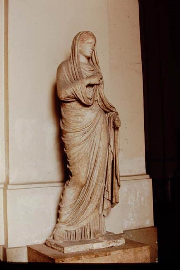 VII.9.1 Pompeii. 1968. Statue of Eumachia in Naples Museum.
Photo by Stanley A. Jashemski.
Source: The Wilhelmina and Stanley A. Jashemski archive in the University of Maryland Library, Special Collections (See collection page) and made available under the Creative Commons Attribution-Non Commercial License v.4. See Licence and use details.
J68f0842