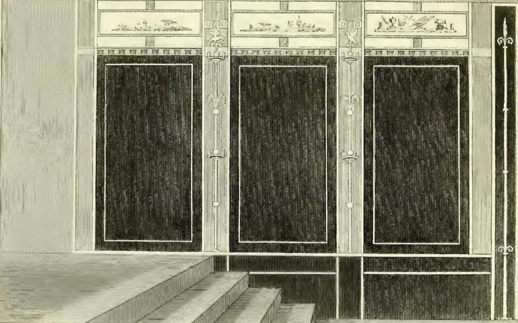 VII.9.67 Pompeii. Drawing by Gell of wall on east side of steps in Eumachia’s building (aka The Chalcidicum).
According to Gell and Gandy, the wall of the staircase is painted in black panels separated by red pilasters.
See Gell, W, 1832. Pompeiana: Vol 1. London: Jennings and Chaplin, (p.14)