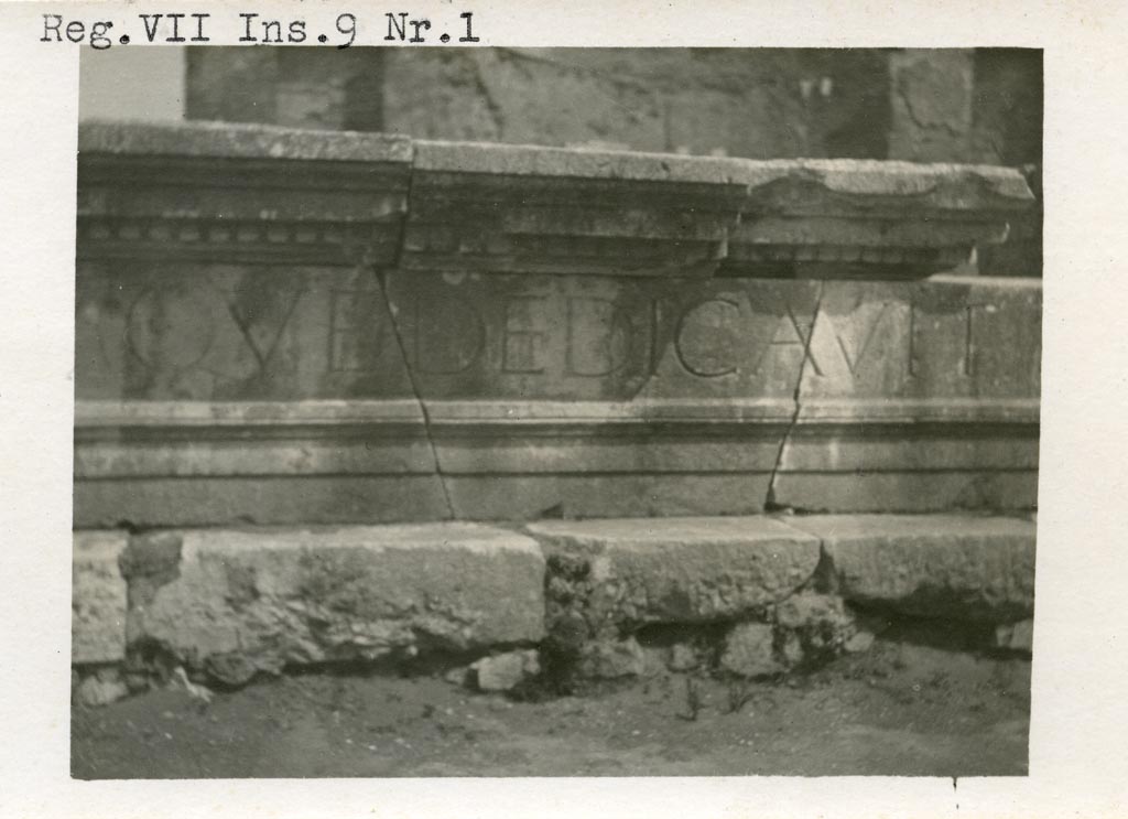 VII.9.1 Pompeii. Pre-1937-39. Eumachia’s Building portico. Part of inscription whilst still resting on ground.
Photo courtesy of American Academy in Rome, Photographic Archive. Warsher collection no. 159.