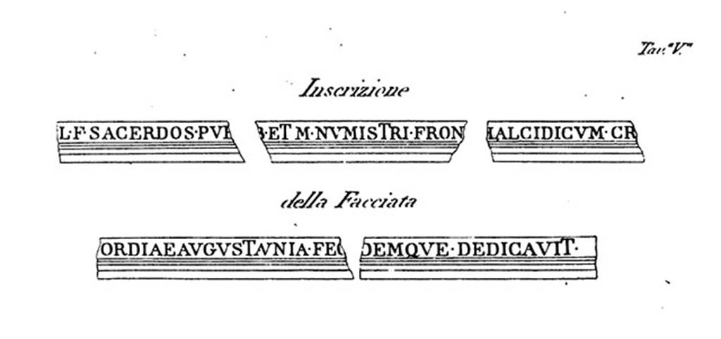 VII.8 Pompeii Forum. 1820 recording by G. Bechi of the inscription on the entablature of the portico or chalcidicum of Eumachia.
The full inscription was similar to the one above the entrance at VII.9.67.
See Bechi G., 1820. Del Calcidico e della Cripta di Eumachia scavati nel Foro di Pompeji l'anno 1820, Tav. V.
