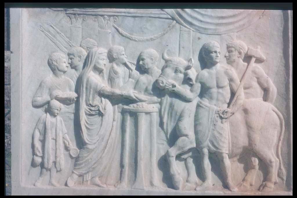 VII.9.2 Pompeii. Sacrificial scene on West side of altar.
According to Mau, a priest with a toga drawn over his head pours a libation from a shallow bowl or patera onto an altar which is in the form of a tripod.
With him at the left are two lectors with their bundles of rods, a flute player, two boys – camilli - carrying the utensils for the sacrifice, and also an attendant.
At the right the victimarius or slayer and an assistant are bringing a bull to the altar for sacrifice.
In the background is a Tetrastyle temple, “doubtless the temple before us; the scene represents the dedicatory exercises.”
As the sacrifice is a bull it means the temple must have been dedicated to an emperor during his lifetime.
See Mau, A., 1907, translated by Kelsey F. W. Pompeii: Its Life and Art. New York: Macmillan. (Pages 106-7).
Photographed 1970-79 by Günther Einhorn, picture courtesy of his son Ralf Einhorn.