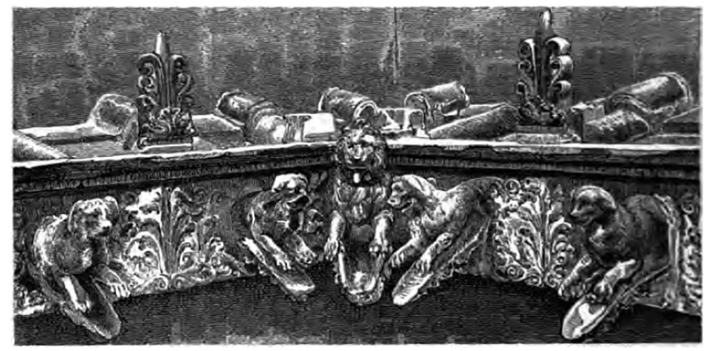 Mau identified these as being from �a House near the Porta Marina�.
The plan provided by Mau can be used to identify the house as VII.16.12/15 the House of Umbricius Scaurus.
See Mau, A., 1907, translated by Kelsey F. W. Pompeii: Its Life and Art. New York: Macmillan. (p.251, p.253, p.298).
