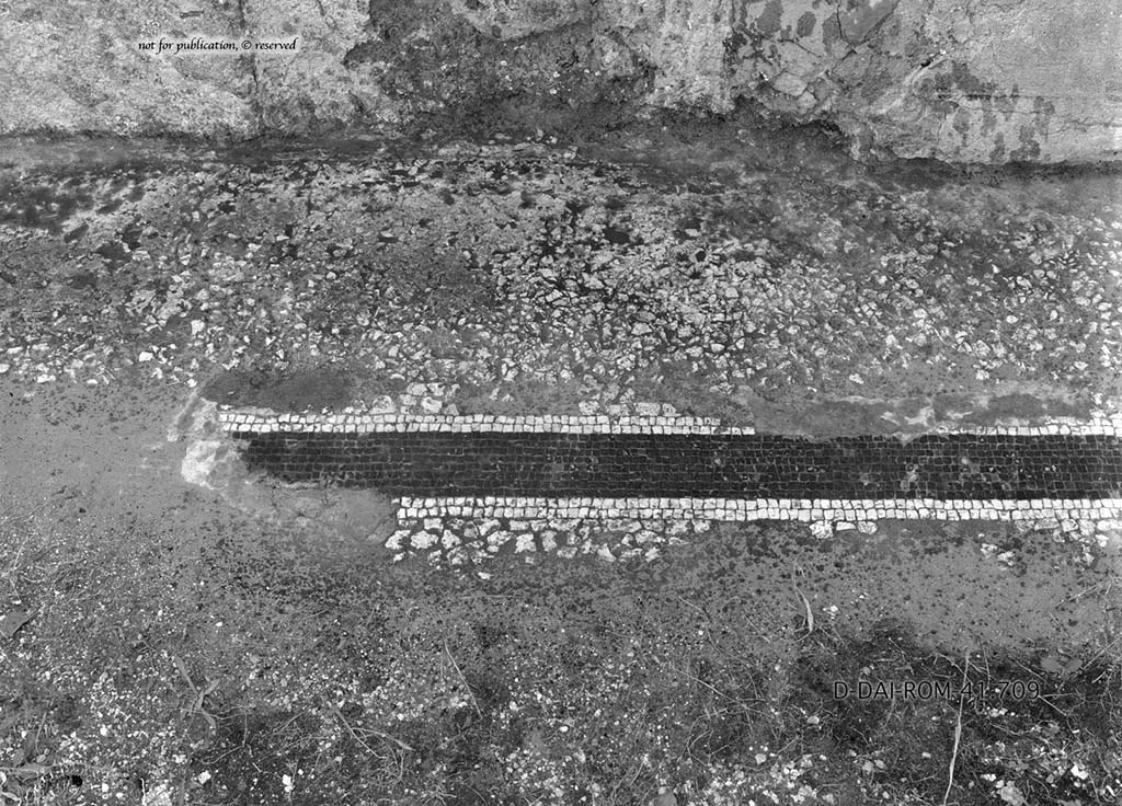 VII.16.22 Pompeii. c.1930. Room 26, flooring.
Room 26 is one of the rooms on the upper floor but has not been photographed by pompeiiinpictures yet.
It would be in the area of the right side of the lower part of the photo above this one.
DAIR 41.709. Photo © Deutsches Archäologisches Institut, Abteilung Rom, Arkiv.
See Pernice, E. 1938. Pavimente und Figürliche Mosaiken: Die Hellenistische Kunst in Pompeji, Band VI. Berlin: de Gruyter, (p. 79, and Taf. 36.6 above).
According to Grimaldi,
“The room had a mosaic of tessellatum with white tiles arranged in oblique order with outer edges with black and white bands. By style and technique the floor is dated to the end of the 1st century BC.”
(L’ambiente ha un mosaico in tessellatum a tessere bianche disposte in ordine obliquo con bordi esterni a fasce bianca e nera. Per lo stilo e la tecnica il pavimento era databile alla fine del 1 secolo a.C.)
See Aoyagi M. and Pappalardo U., 2006. Pompei (Regiones VI-VII) Insula Occidentalis. Napoli: Valtrend. (Room 26 on p.288)