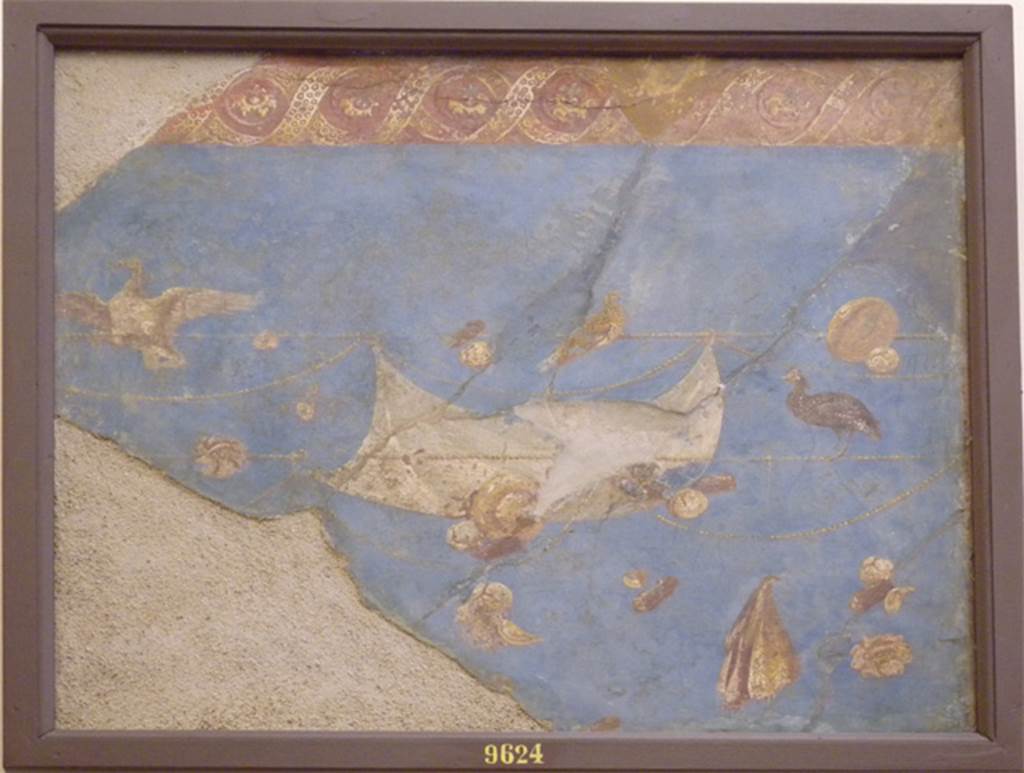 VII.16.17-22 Pompeii. Fragment of a wall painting of sail, birds and flowers.
Now in Naples Archaeological Museum. Inventory number 9624.
According to Grimaldi, this fragment was from the centre of the west wall of Oecus 32.
See Aoyagi M. and Pappalardo U. et al, 2006. Pompei (Regiones VI-VII) Insula Occidentalis. Napoli: Valtrend. (p.304). This room has not been photographed.