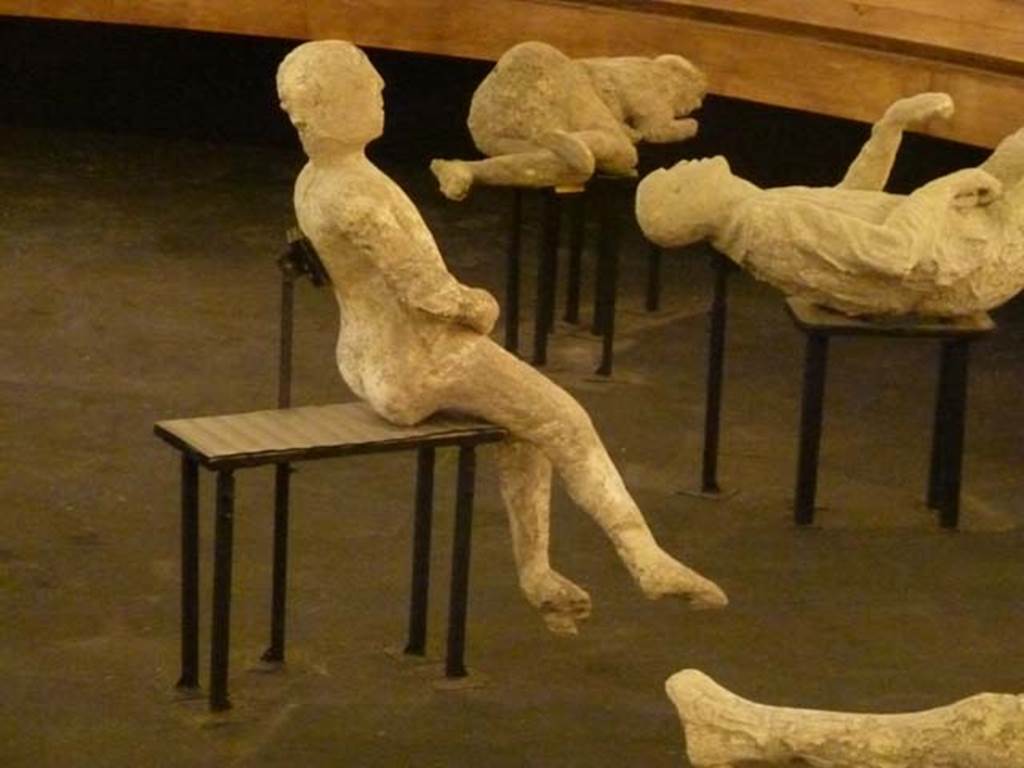 VII.16.17-22 Pompeii. September 2015. Exhibit from the Summer 2015 exhibition in the amphitheatre. Plaster cast of a body found huddled together with the others on the stairs that led to the ground floor.