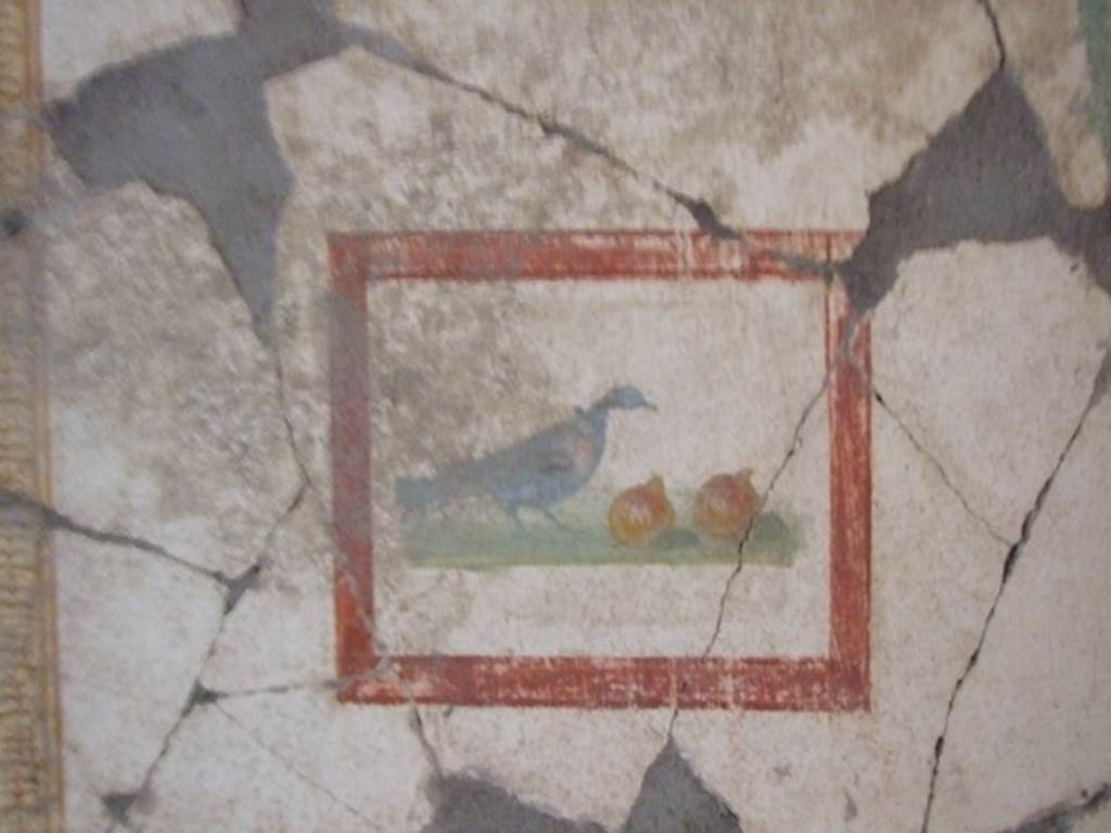 VII.16.17-22 Pompeii. December 2007. Painted wall panel of bird and figs or pomegranates, from west end of south wall in alcove in cubiculum.