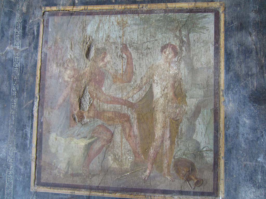 VII.16.17-22 Pompeii. May 2012.
Oecus 62, wall painting from centre of north wall showing Poseidon and Amymone. Photo courtesy of Marina Fuxa.