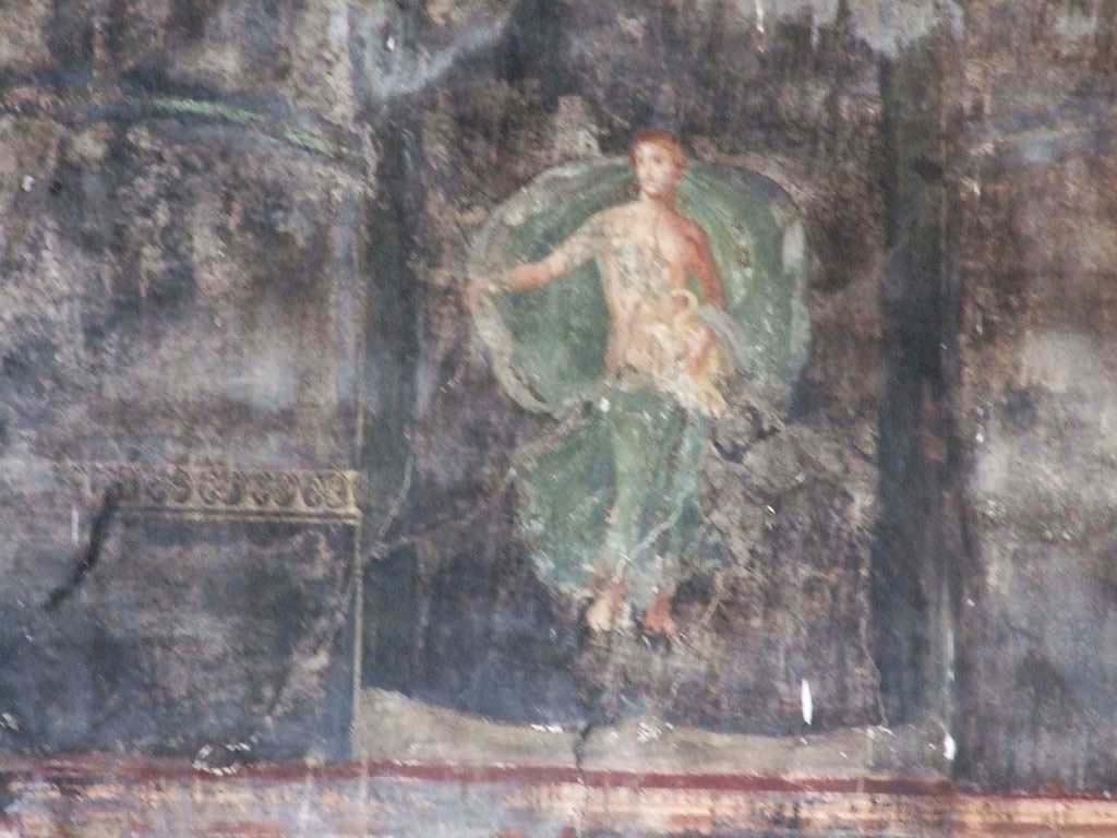 VII.16.17-22 Pompeii. December 2007.
Oecus 62, painted wall figure of Leda with the swan (Zeus) on her lap, from upper centre of east wall of oecus.
See Balch, D. L., 2008. Roman Domestic Art and Early House Churches. Tübingen, Germany: Mohr Siebeck. (p.160-2, Pl. 8).