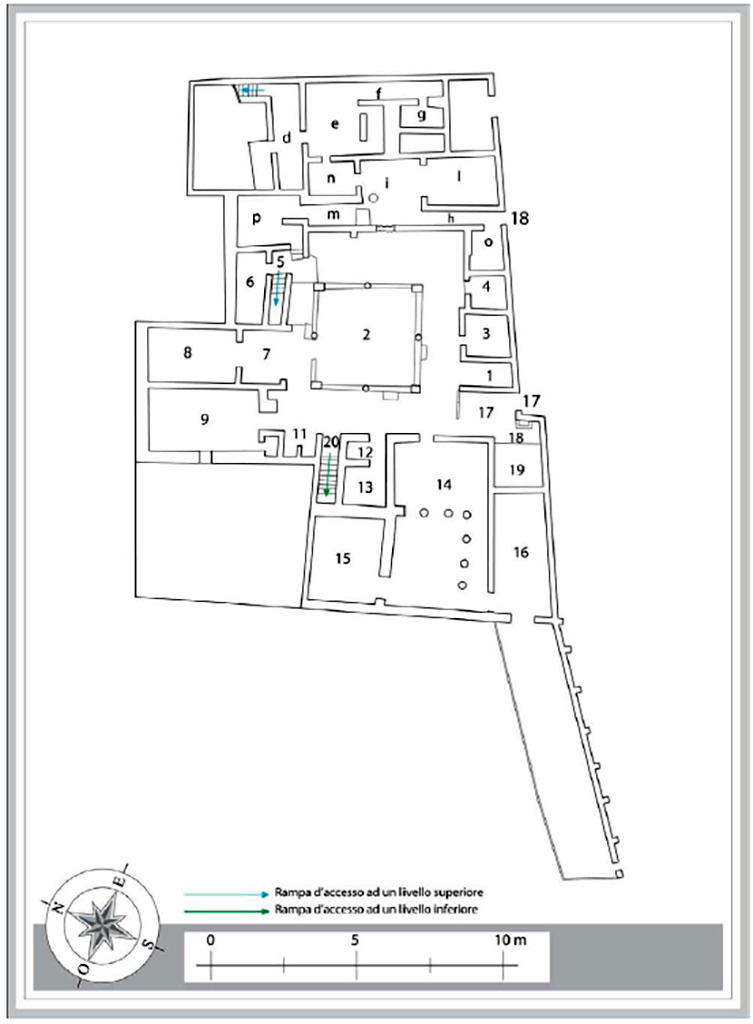 VII.16.17 Pompeii. Casa di Maius Castricius. Plan of first lower level floor.
Plan M. Notomista and E. Piccirilli.
See Varriale I., VII 16, Insula Occidentalis, 17, Casa di Maius Castricius in Aoyagi M., Pappalardo U., 2006. Pompei (Regiones VI-VII) Insula Occidentalis. Napoli: Valtrend, p 426, Tav. 12.