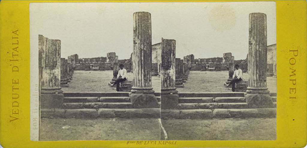 VIII.1.1 Pompeii. Stereoview by De Luca looking west from the Forum, across entrance steps into Basilica.
This shows the Basilica before reconstruction. Photo courtesy of Rick Bauer.