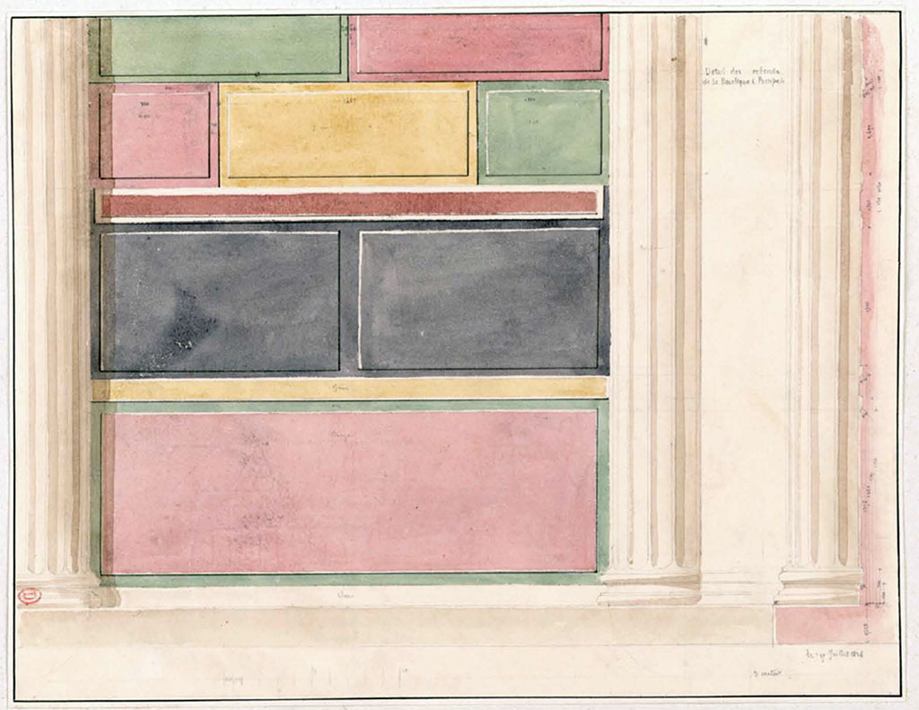 VIII.1.1 Pompeii. July 1826. Watercolour by P.A. Poirot, of coloured stucco in Basilica
See Poirot, P. A., 1826. Carnets de dessins de Pierre-Achille Poirot. Tome 2 : Pompeia, pl. 48.
See Book on INHA Document placé sous « Licence Ouverte / Open Licence » Etalab