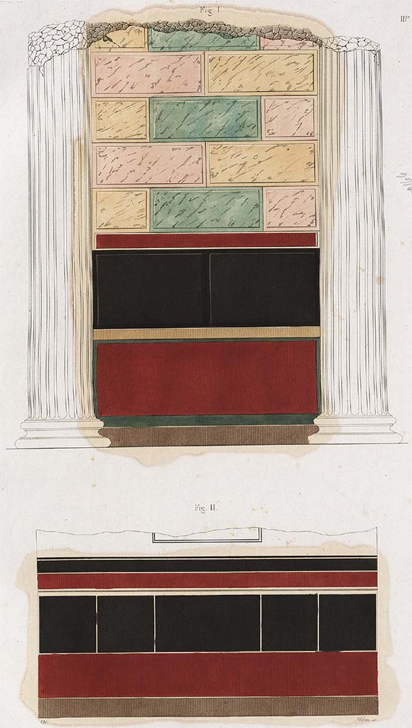 VIII.1.1 Pompeii. Coloured wall stucco by Mazois, described as –
“The compartments lightly indicated in relief, were painted in different coloured marbles, mainly of yellow, green and red marbles. The foundations of the walls were black and red.”
See Mazois, F., 1829. Les Ruines de Pompei : Troisième Partie. Paris : Didot Frères, pl. XXI and p.41.
