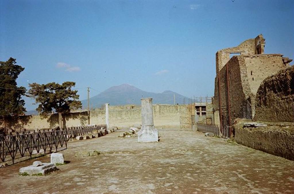 VIII.1.3 Pompeii. January 2010. Looking north to entrance and Vesuvius, from south-east corner.  Photo courtesy of Rick Bauer.
