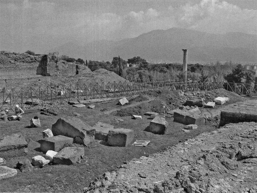 VIII.1.3 Pompeii. Looking from the northern end of the temple of Venus across the eastern half of the courtyard, where excavations took place in 1998, 2004 and 2006.
Photo courtesy of M. Carroll.
See Carroll M., 2010. Exploring the sanctuary of Venus and its sacred grove: politics, cult and identity in Roman Pompeii. Papers of the British School at Rome 78, p.64 plate 1.