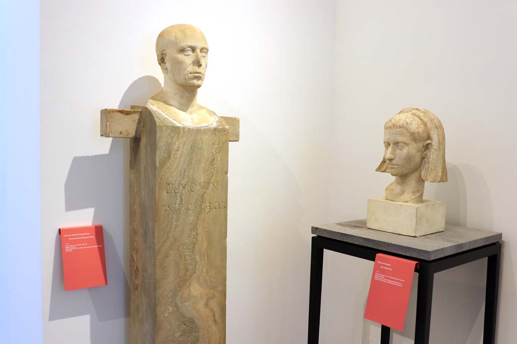VIII.1.4 Pompeii Antiquarium. February 2021. 
Herm of Vesonius Primus from VI.14.20, and Bust of Marcellus, found in debris under VIII.2.1 or Temple of Venus.
Photo courtesy of Fabien Bi�vre-Perrin (CC BY-NC-SA).

