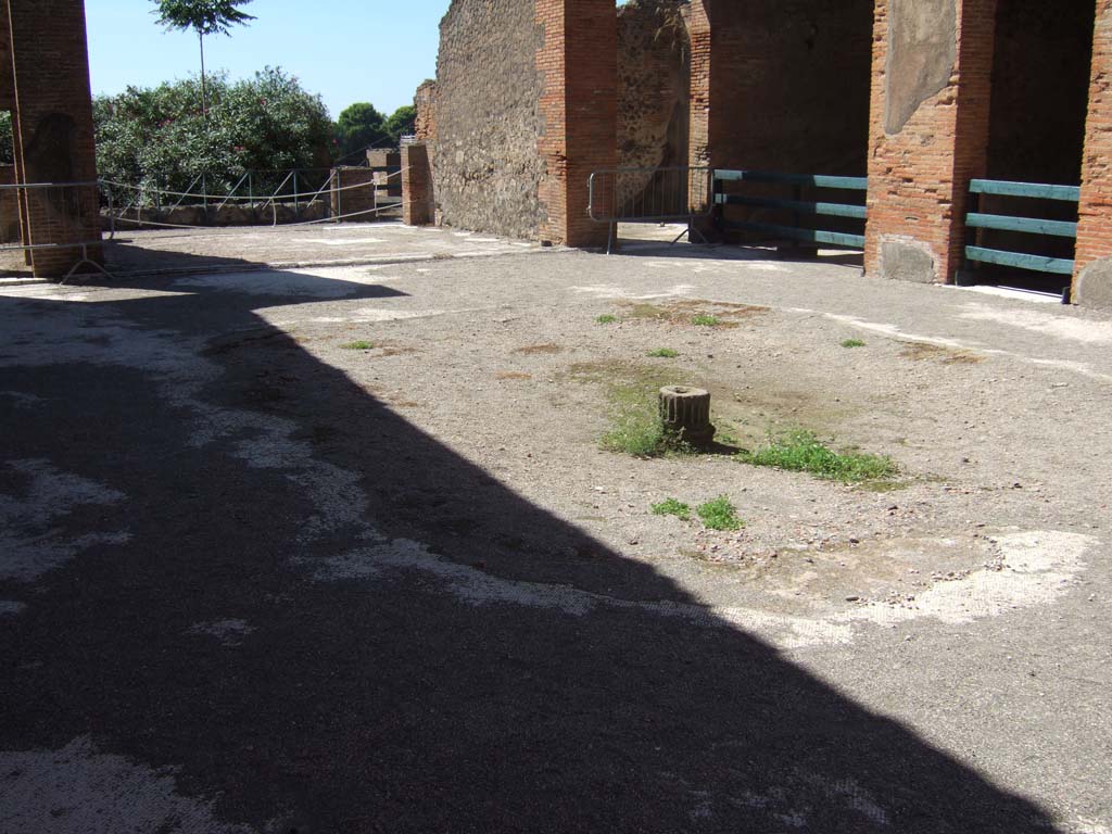 VIII.2.16 Pompeii. September 2005.
Looking north-west across impluvium in atrium, towards tablinum, terrace garden and doorways in north-west corner.
