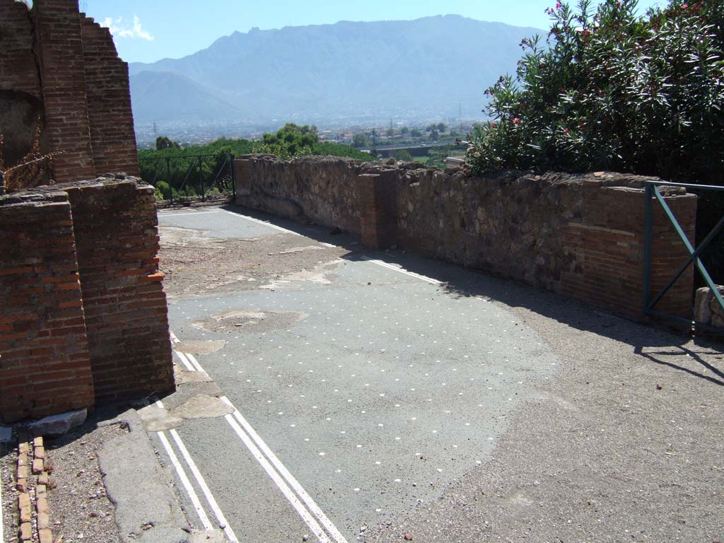 VIII.2.16 Pompeii. September 2005. Looking south along east portico of terrace garden.
According to Jashemski, this house had a terrace garden built over the volcanic ledge, with a fine view over the Bay and mountains.
Today, only a triangular portion exists.
The garden was enclosed on the east and north by a portico.
The planted area was several steps lower than the portico.
Between the two peristyles in this house (including VIII.2.14) was a large and airy room, open to each peristyle.
There were terraces on the two lower levels.
See Jashemski, W. F., 1993. The Gardens of Pompeii, Volume II: Appendices. New York: Caratzas. (p.206)
