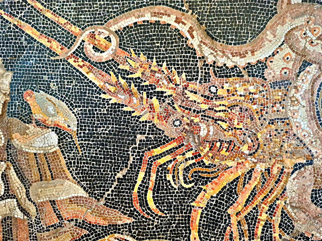 VIII.2.16 Pompeii. September 2024.
Detail of lobster and tentacles of octopus from mosaic emblema found in triclinium. Photo courtesy of Giuseppe Ciaramella.
Now in Naples Archaeological Museum, inv. no. 120177.