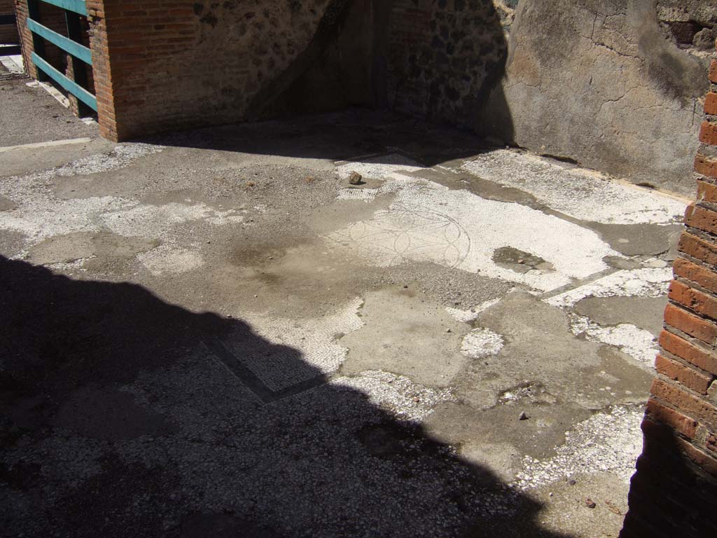 VIII.2.16 Pompeii. September 2005.
Triclinium in north-west corner of atrium with doorway onto north portico, with remains of travertine floor.
Inserted in the centre would have been a mosaic with a black border showing a circle containing 6-petalled stars.