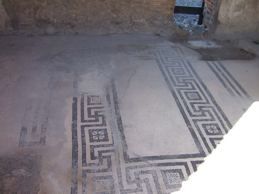 VIII.2.16 Pompeii. September 2005. Mosaic floor in two-bedded cubiculum on north side of atrium.
On both sides of the central mosaic motif was a mosaic delineation for a bed on either side.