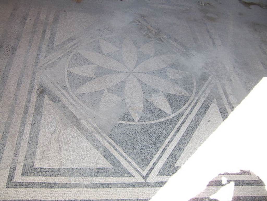 VIII.2.16 Pompeii. September 2005. Mosaic floor in cubiculum on north side of atrium, on east side of corridor leading to VIII.2.14. Geometric mosaic floor with central motif of a petalled rosette.
