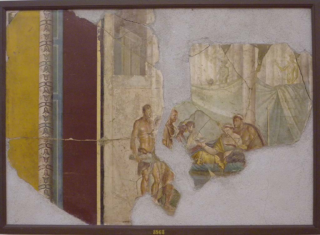 VIII.2.39 Pompeii. Found 22nd July 1769. Wall painting of banquet scene in a colonnaded room.
Now in Naples Archaeological Museum. Inventory number 8968.
This was previously (apparently wrongly) identified as the death of Sophonisba or as Scipio and Sophonisba.
See Real Museo Borbonico, Vol. 1, Ta XXXIV.
See Helbig, W., 1868. Wandgemälde der vom Vesuv verschütteten Städte Campaniens. Leipzig: Breitkopf und Härtel. (1385)