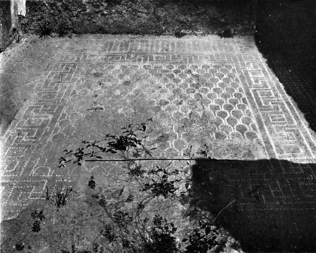 VIII.2.39 Pompeii. c.1930. Room c.
According to Blake, the flooring of this room had its rectangular centre filled with the imbrication and framed in a meander which lies like a carpet on the dotted field.
See Blake, M., (1930). The pavements of the Roman Buildings of the Republic and Early Empire. Rome, MAAR, 8, (p.26 & Pl.3, tav.4).