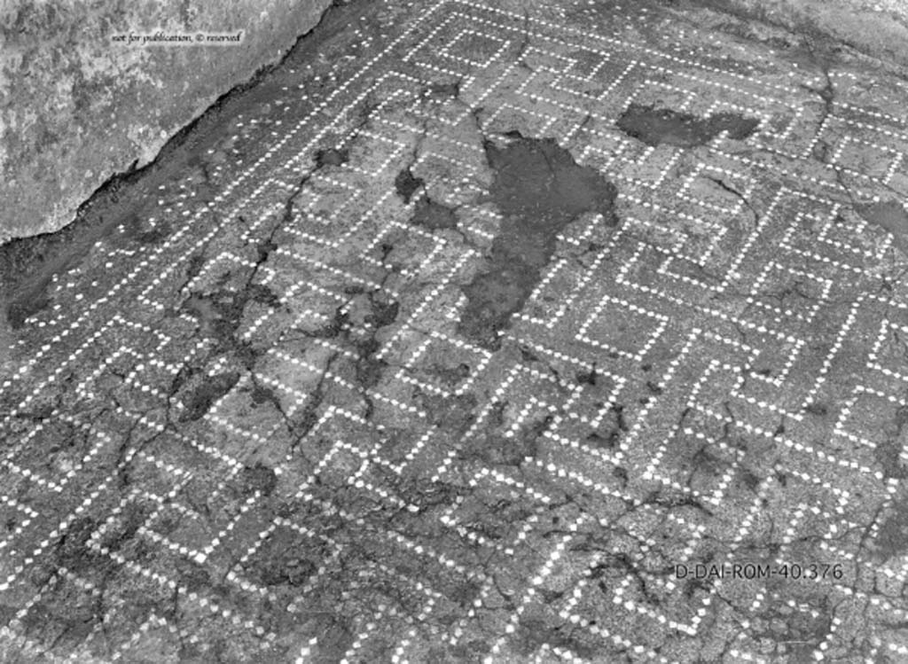 VIII.2.39 Pompeii. c.1930. According to Pernice, this photograph of the flooring is from Cubiculum “f”.
According to PPM, the photograph is from Cubiculum l (L).
Flooring in cocciopesto, in the border are flakes of tesserae, in the “carpet” is a net of meanders and squares with a central black dot.
DAIR 40.376. Photo © Deutsches Archäologisches Institut, Abteilung Rom, Arkiv.
See Pernice, E. 1938. Pavimente und Figürliche Mosaiken: Die Hellenistische Kunst in Pompeji, Band VI. Berlin: de Gruyter, (taf. 12.3)
(This certainly would seem to agree with the floor decoration and damage in the south-west corner of room l (L), so must agree that PPM is correct and Pernice erred. PPM also describe the flooring in cubiculum “f” as seen in the photo above this one, taken by Annette Haug.
Thanks to Annette Haug for spotting the differences, and the identification.)
