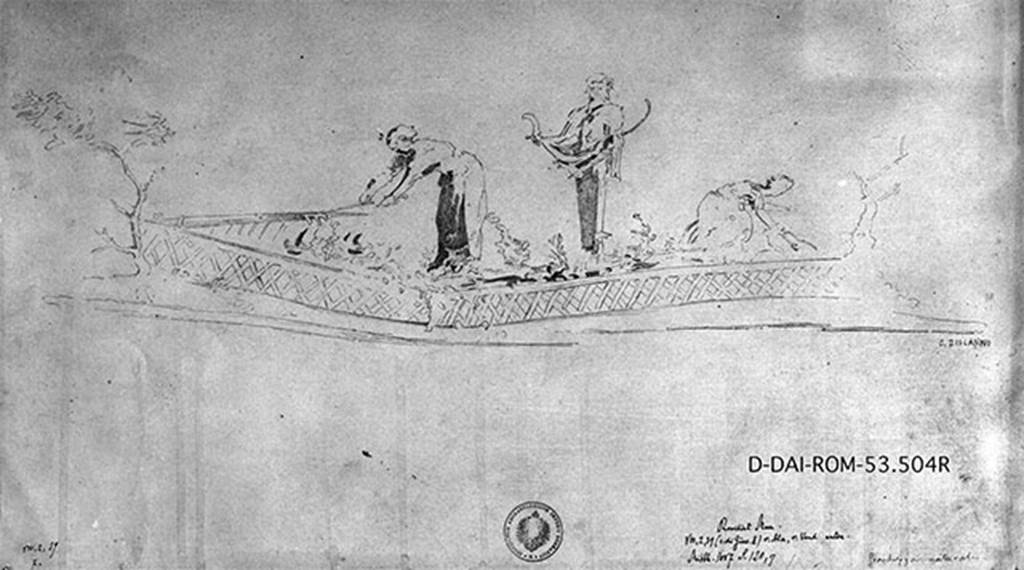 VIII.2.39 Pompeii. 19th century drawing by G. Discanno. Ala (h), lower north wall below centre panel.
Garden scene with two women dedicated to plant care. In the centre is a herm of Priapus with his robe lifted and full of fruit
DAIR 53.504. Photo © Deutsches Archäologisches Institut, Abteilung Rom, Arkiv.
See Carratelli, G. P., 1990-2003. Pompei: Pitture e Mosaici. Roma: Istituto della enciclopedia italiana, p. 323.
