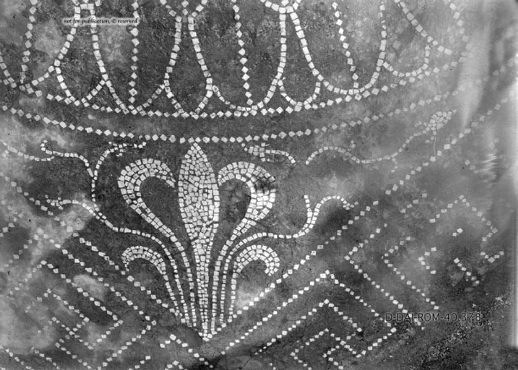 VIII.2.39 Pompeii. c.1930. Room “h”, the west ala, detail of flooring of “graceful floral motif”.
DAIR 40.378. Photo © Deutsches Archäologisches Institut, Abteilung Rom, Arkiv.
See Pernice, E. 1938. Pavimente und Figürliche Mosaiken: Die Hellenistische Kunst in Pompeji, Band VI. Berlin: de Gruyter, (tav. 12.5, above.)
