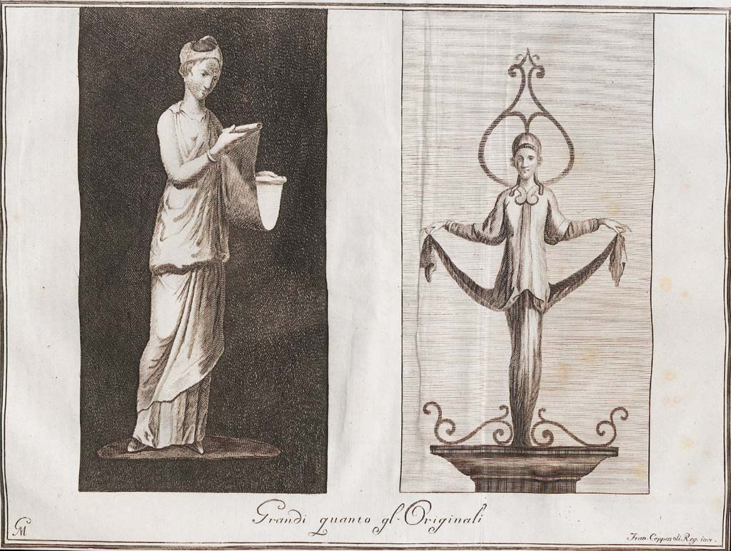 VIII.2.39 Pompeii. 22nd August 1767.
On the left, with black background found in a nearby room to the others, (see room h, below) –
figure of a well-draped woman holding a volume between both hands. Now in Naples Archaeological Museum. Inventory number 8838.
On the right, found with the above three in room l, painted with delicate decoration on a white background, described as -
a woman in the guise of a “term” from middle to bottom, which was the top of a stem that decorated this room.
Now in Naples Archaeological Museum. Inventory number 9600.
See Antichità di Ercolano: Tomo Setto: Le Pitture 5, 1779, (p.253, no. 57).
See Pagano, M. and Prisciandaro, R., 2006. Studio sulle provenienze degli oggetti rinvenuti negli scavi borbonici del regno di Napoli. Naples: Nicola Longobardi, p. 62.
See Fiorelli G., 1860. Pompeianarum antiquitatum historia, Vol. 1: 1748 - 1818, Naples, 1, 210.