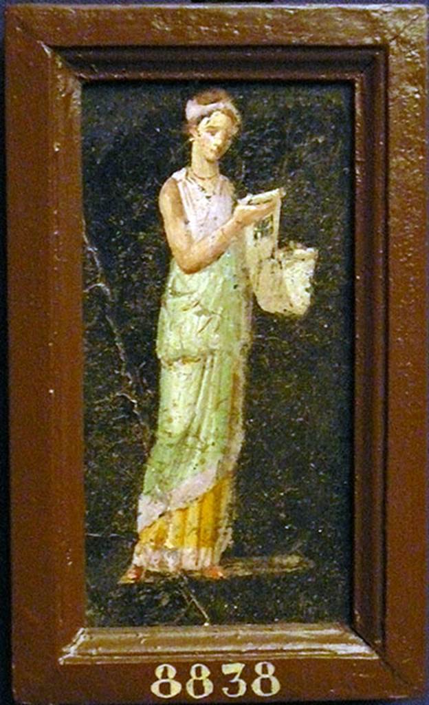 VIII.2.39 Pompeii. Painted panel from room h on the first lower floor.
A strongly elongated female figure, with yellow tunic and blue chiton, bordered with pink, widely tucked.
Her hair is tied up with a yellow band, she holds a long scroll in her hands and she is wearing red slippers.
Now in Naples Archaeological Museum. Inventory number 8838.
See Carratelli, G. P., 1990-2003. Pompei: Pitture e Mosaici. Vol. VIII. Roma: Istituto della enciclopedia italiana, p. 340.