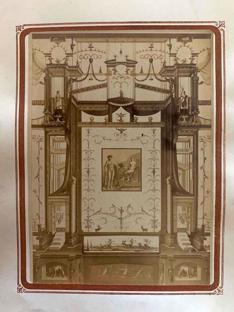 VIII.2.39 Pompeii. From an album by Roberto Rive, dated 1868. Photo courtesy of Rick Bauer.
According to Curtius – this was a wall from somewhere in the House of Joseph II and was painted by D’Amelio.
See Curtius, L., 1972. Die Wandmalerei Pompejis. New York: Hildesheim. (p.172, and photo no.108).
The words under the D'Amelio painting however attribute it to the House of Castor and Pollux (VI.9.6).
According to PPM, this painting, which was traditionally recognized as a wall from VIII.2.39 must now be identified as a wall of the ala of VIII.3.14.
We have included it here, as well as in VIII.3.14 and VI.9.6.