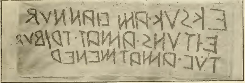 VIII.5.19 Pompeii, 1897. Drawing of “Eituns” on east pilaster between VIII.5.19 and VIII.5.20. See Notizie degli Scavi di Antichità, 1897, p. 465, fig. 4. According to Vetter, this Eituns (Vetter 27) translates in Latin as (Ex) hoc vico evocati (hac) ad domum publicam, (illa) ad (aedem) Miner(vae). See Vetter E., 1953. Handbuch der Italischen Dialekte. Heidelberg: Winter. (p. 56).