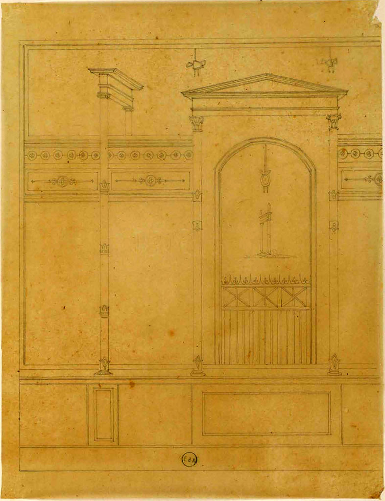 Pompeii. 19th century drawing of part of a wall, by Jean-Baptiste Ciceron Lesueur.
See Lesueur, Jean-Baptiste Ciceron. Voyage en Italie de Jean-Baptiste Ciceron Lesueur (1794-1883), pl. 90.
See Book on INHA reference INHA NUM PC 15469 (04) « Licence Ouverte / Open Licence » Etalab