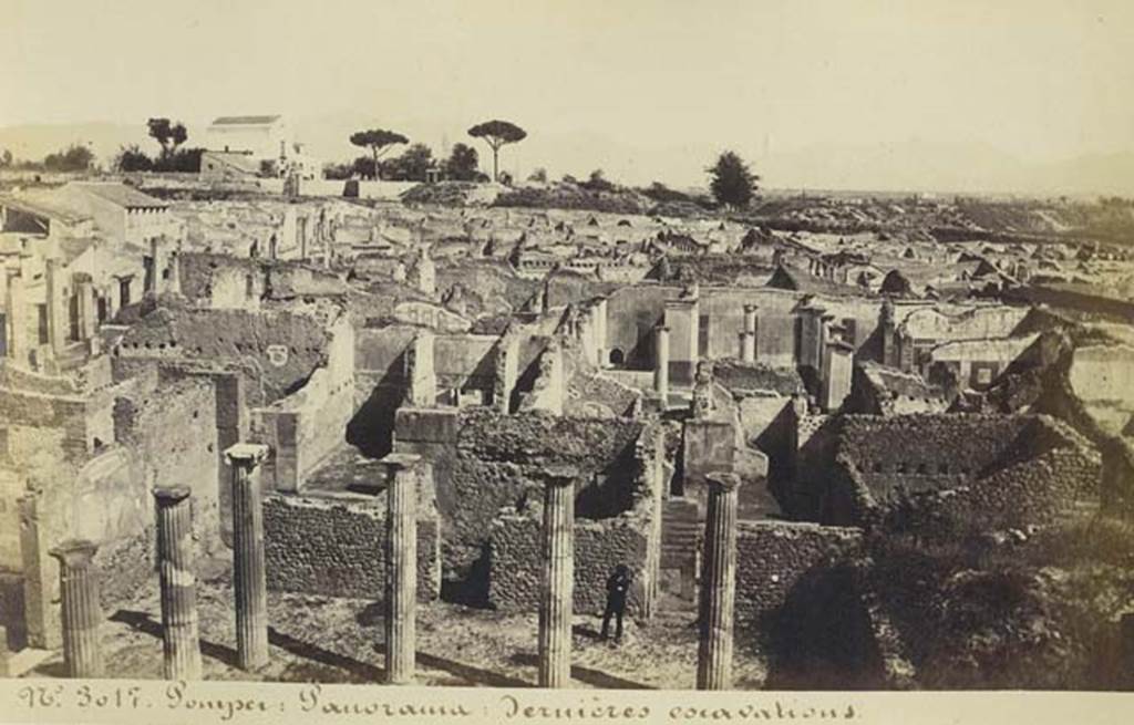 VIII.5.28 Pompeii, lower portion of photo. Old undated photograph by Amodio, numbered 3017, in an album dated c.1873. Looking east across the excavations from above the peristyle of VIII.5.29 and the rooms on the east portico. Photo courtesy of Rick Bauer.