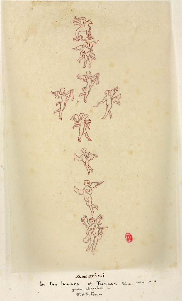 VIII.5.28 Pompeii. Between 1819 and 1832 sketch by W. Gell of cupids, described by him as 
In the houses of Fuscus and in a green chamber in Street  of the Forum.
See Gell, W. Pompeii unpublished [Dessins de l'dition de 1832 donnant le rsultat des fouilles post 1819 (?)] vol II, pl. 51.
Bibliothque de l'Institut National d'Histoire de l'Art, collections Jacques Doucet, Identifiant numrique Num MS180 (2).
See book in INHA Use Etalab Licence Ouverte

