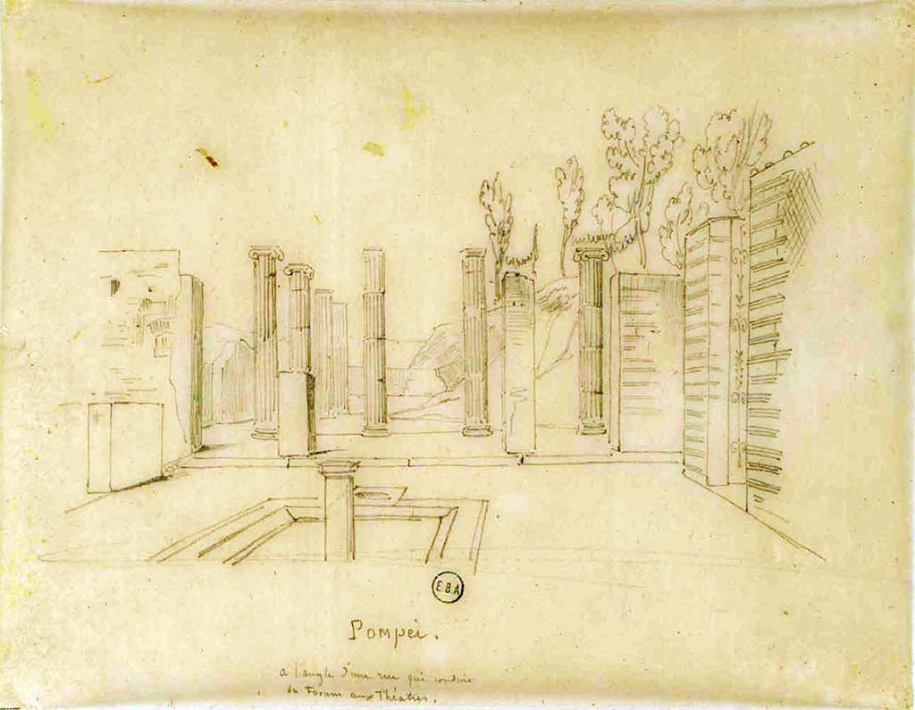 VIII.5.28 Pompeii. Sketch, looking south across atrium, described as “at the corner of a road leading from the Forum to the Theatres”.
See Lesueur, Jean-Baptiste Ciceron. Voyage en Italie de Jean-Baptiste Ciceron Lesueur (1794-1883), pl. 70.
See Book on INHA reference INHA NUM PC 15469 (04) « Licence Ouverte / Open Licence » Etalab