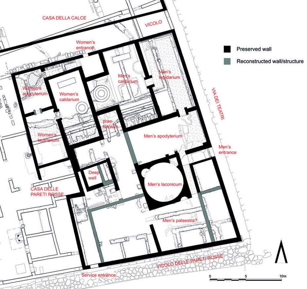 VIII.5.36 Pompeii. 1950 Plan of Terme repubblicane or Republican Baths.
Preliminary reconstruction of the original baths (on top of the new state plan), built around 150 BC
Photo courtesy of Freie Universität Berlin.
See Bathing Culture and the Development of Urban Space: FU Berlin