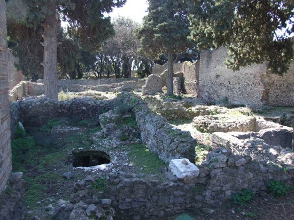 VIII.5.36 Pompeii. March 2009. Taken from VIII.5.28. Looking south across site of men’s caldarium on left, with labrum, on right.