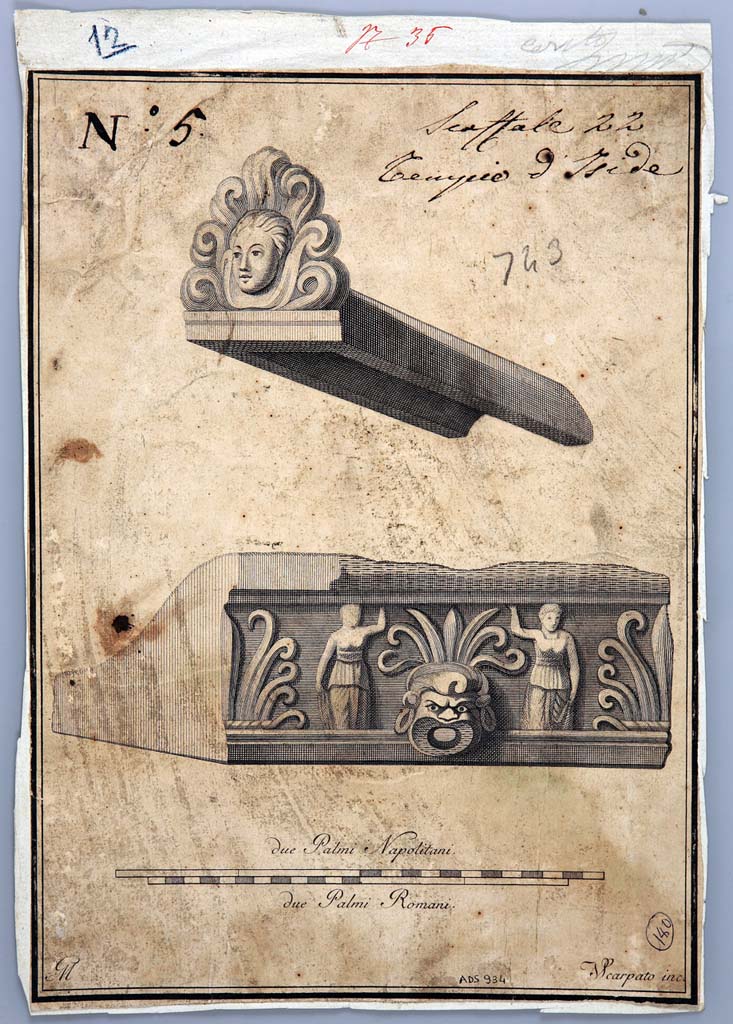 VIII.7.28 Pompeii. Drawing by Giovanni Elia Morghen of antefixes from temple. 
Now in Naples Archaeological Museum. Inventory number ADS 934.
Photo � ICCD. http://www.catalogo.beniculturali.it
Utilizzabili alle condizioni della licenza Attribuzione - Non commerciale - Condividi allo stesso modo 2.5 Italia (CC BY-NC-SA 2.5 IT)
