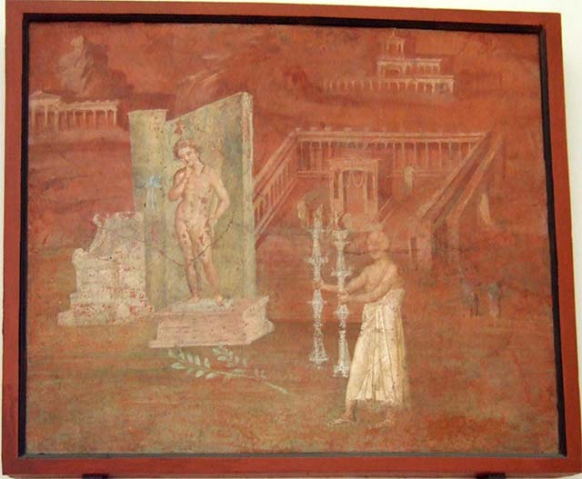 VIII.7.28 Temple of Isis or Tempio di Iside. Painted panel from the Ekklesiasterion showing offerings being made in front of the sarcophagus of Osiris.  Now in Naples Archaeological Museum.