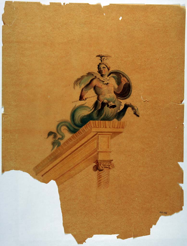 IX.1.7 Pompeii. Painting by Giuseppe Abbate, 1866, showing Triton from upper decoration on north wall.
Now in Naples Archaeological Museum. Inventory number ADS 952.
Photo © ICCD. http://www.catalogo.beniculturali.it
Utilizzabili alle condizioni della licenza Attribuzione - Non commerciale - Condividi allo stesso modo 2.5 Italia (CC BY-NC-SA 2.5 IT)