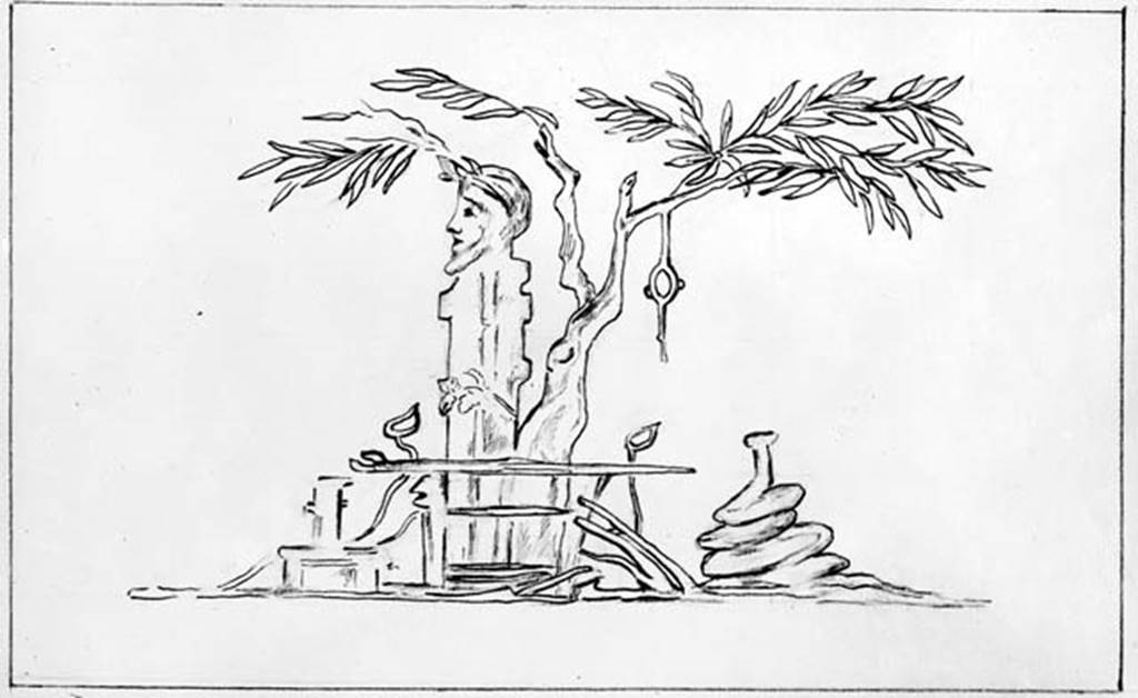 IX.2.16 Pompeii. W.360. Drawing of painting of the Childhood of Dionysus, from the east wall of the cubiculum.
Photo by Tatiana Warscher.
DAIR 83.223. Photo © Deutsches Archäologisches Institut, Abteilung Rom, Arkiv.
According to Helbig the painting was of a Bacchic herm and cult objects.
See Helbig, W., 1868. Wandgemälde der vom Vesuv verschütteten Städte Campaniens. Leipzig: Breitkopf und Härtel. (579b).
According to Bragantini, the east wall of the cubiculum had a dado which was discoloured and faded.
The middle zone was red with an aedicula containing the painting of Theseus abandoning Ariadne.
In the side panels, on the purple frieze, were two paintings, on the left “Childhood of Dionysus”, on the right “Dionysus and the nymph”
See Bragantini, de Vos, Badoni, 1986. Pitture e Pavimenti di Pompei, Parte 3. Rome: ICCD. (p.413-4, cubicolo ‘b’)
According to Sogliano, the painting of Theseus abandoning Ariadne had nearly vanished from the wall.
See Sogliano, A., 1879. Le pitture murali campane scoverte negli anni 1867-79. Napoli: Giannini. (p.97, no.533)